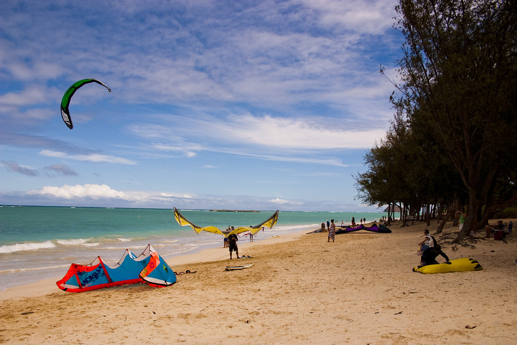 People flying kites on Kailua Beach, Oahu