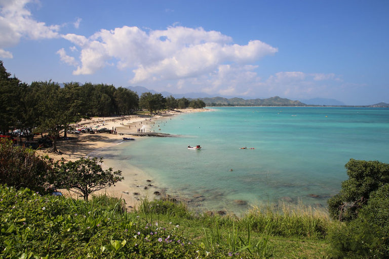 A breathtaking view of Kailua Bay in Oahu, Hawaii. The crystal-clear turquoise waters gently lap against a pristine sandy beach. Towering palm trees sway in the tropical breeze, casting long shadows on the golden shoreline. The blue sky is adorned with fluffy white clouds, creating a picture-perfect backdrop for the bay and the lush green mountains in the distance. This idyllic paradise offers a serene and tranquil escape in the heart of Hawaii.