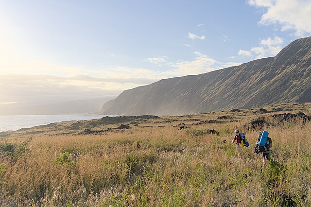 Trekkers heading West towards Halapē in Hawaiʻi Volcanoes National Park. Photo by Benoit Brummer, licensed under Creative Commons Attribution 4.0 International license.